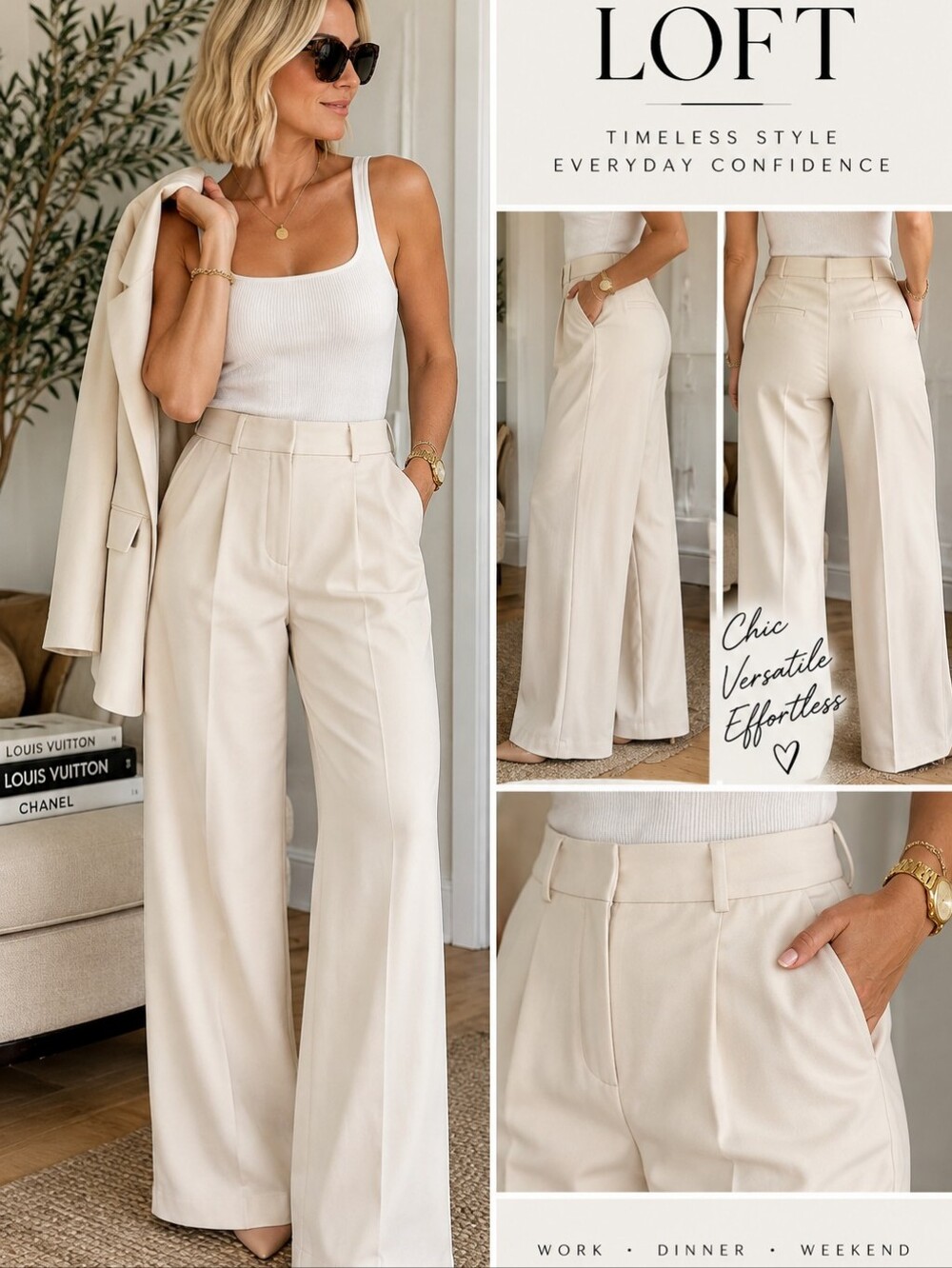 LOFT Size 12 Cream Wide Leg Trouser Pants NWT High Rise Dress Work Pants